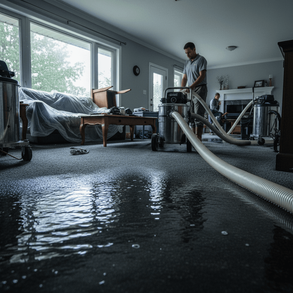 Water extraction equipment restoring flood-damaged carpet