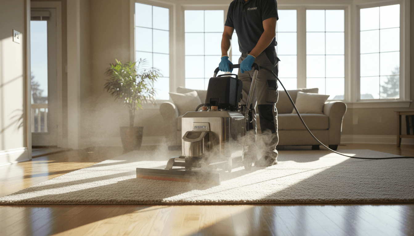Professional steam cleaning a residential carpet with industrial equipment in Sacramento home