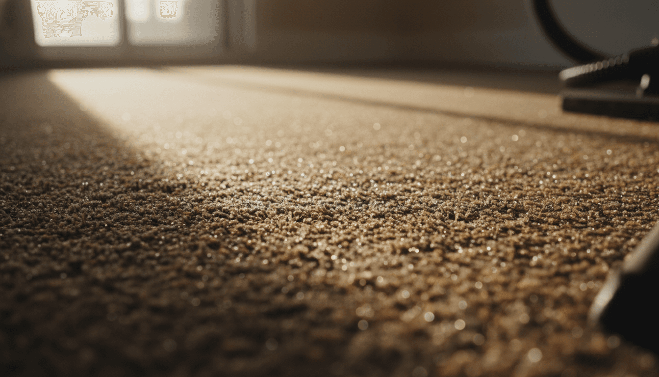 Close-up of freshly steam-cleaned carpet showing moisture beads and renewed texture