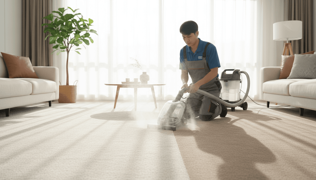 Professional carpet cleaning service in progress with steam cleaner in Sacramento home