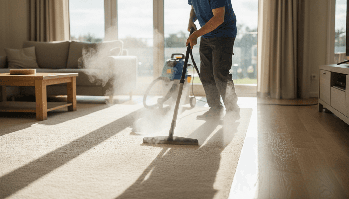 Professional carpet cleaning technician using steam cleaner on residential carpet