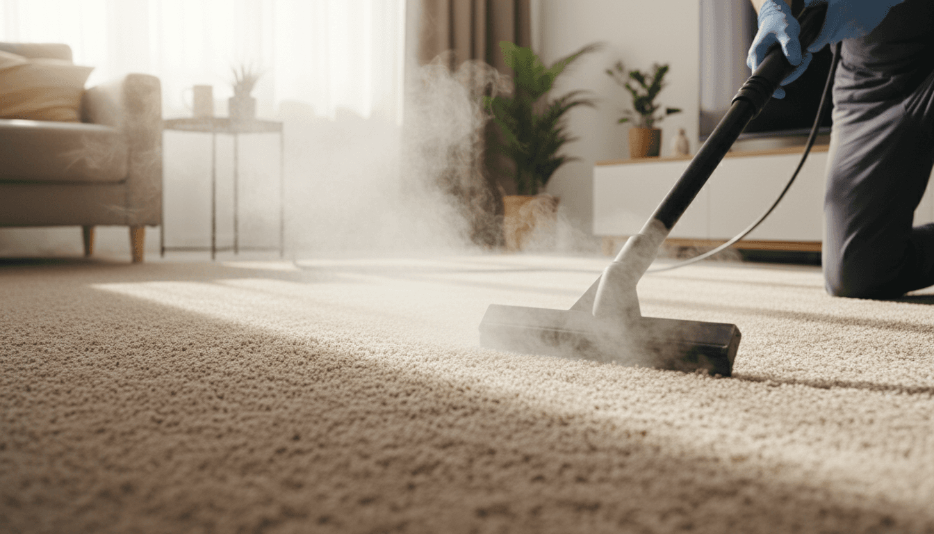 Professional steam cleaning wand removing dirt and moisture from residential carpet in Sacramento