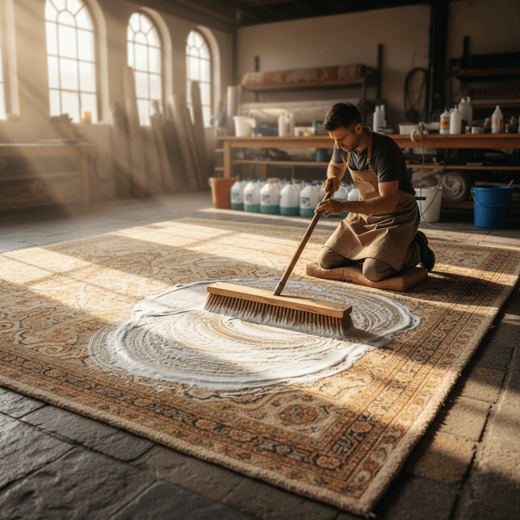 Area rug undergoing deep cleaning treatment